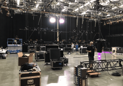 TV crew rigging lights in Stage A at Simi Studios.