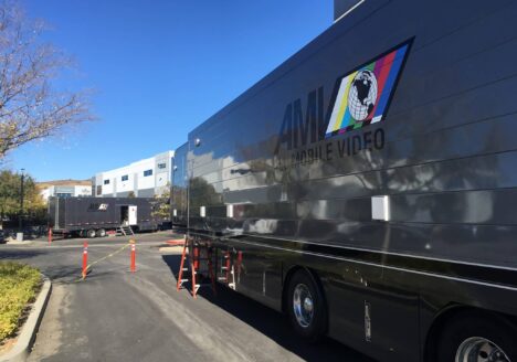 Video truck parked in parking lot outside Simi Studios.
