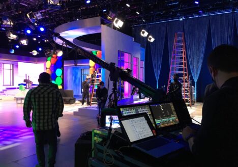 Crew uses a camera crane during television shoot at Simi Studios.